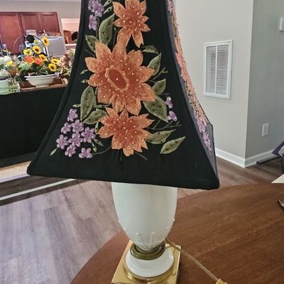 Vintage Milk Glass Table Lamp with Hand-Embroidered Floral Shade