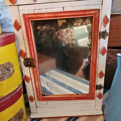 Folk Art Painted Wall Mirror Cabinet with Hearts and Diamonds