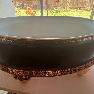 Vintage Black Ceramic Footed Cachepot with Gilded Filigree