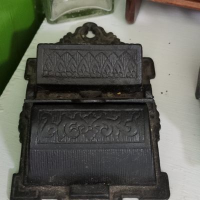 Antique Cast Iron Wall-Mount Match Holder with Floral and Leaf Motifs