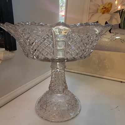 American Brilliant Period Cut Glass Compote with Hobstar and Fan Cutting