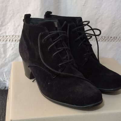 Sale Photo Thumbnail #416: Clarks Artisan Leyden Bell Black Suede Lace-Up Ankle Boots