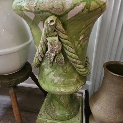 Sale Photo Thumbnail #652: Green Glazed Majolica Jardiniere with Rope Detail