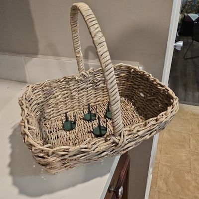 Sale Photo Thumbnail #641: Vintage Woven Willow Gathering Basket with Flower Frogs