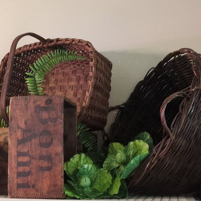 Sale Photo Thumbnail #568: Vintage Bon Ami Wooden Crate and Woven Baskets