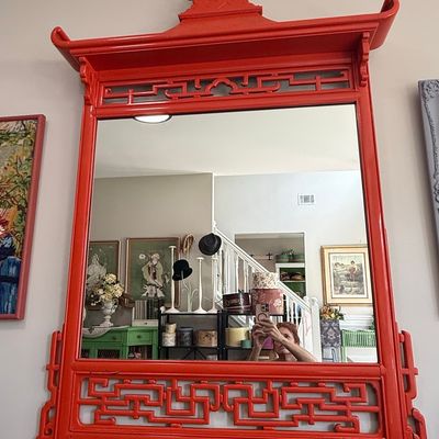 Vintage Red Lacquered Pagoda Chinoiserie Mirror