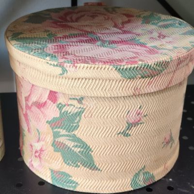 Sale Photo Thumbnail #436: Vintage Floral Fabric Covered Hat Box with Herringbone Pattern