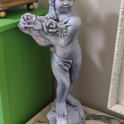 Concrete Cherub Garden Statue Holding Roses