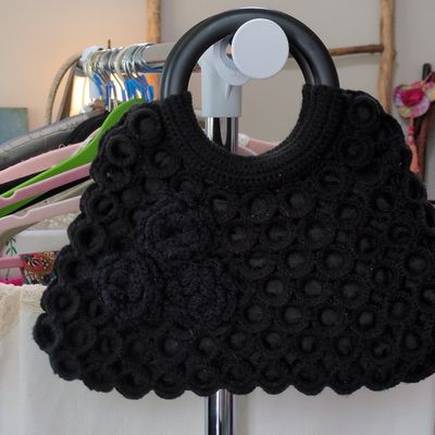 Sale Photo Thumbnail #427: Vintage Black Crochet Rose Top Handle Handbag