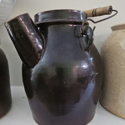 Sale Photo Thumbnail #650: Antique American Stoneware Batter Jug with Wire Bail