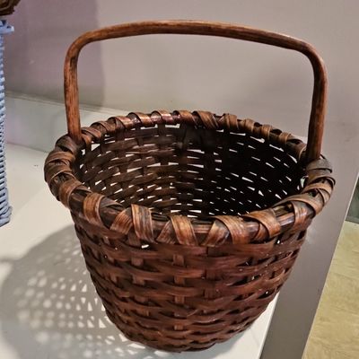 Sale Photo Thumbnail #598: Antique Hand-Woven Ash Splint Gathering Basket with Fixed Handle