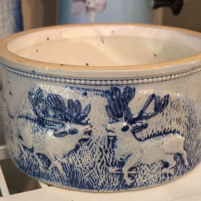 Sale Photo Thumbnail #664: Antique Stoneware Butter Crock with Deer Hunting Scene