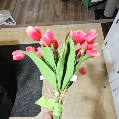 Sale Photo Thumbnail #830: Pink Real Touch Artificial Tulip Bouquet with Polka Dot Ribbon