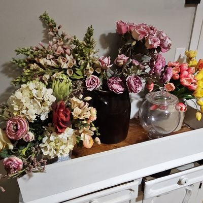 Sale Photo Thumbnail #812: Assorted High-Quality Artificial Floral Arrangements in Vintage Stoneware Crock and Glass Jar