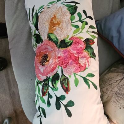 Sale Photo Thumbnail #134: Floral Embroidered Lumbar Pillow with Peony Design
