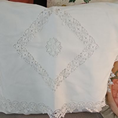 Sale Photo Thumbnail #141: Vintage Battenburg Lace and Embroidered Linen Pillow Sham