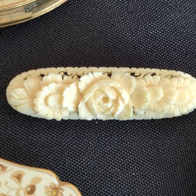 Sale Photo Thumbnail #361: Vintage Carved Celluloid Floral Bar Brooch