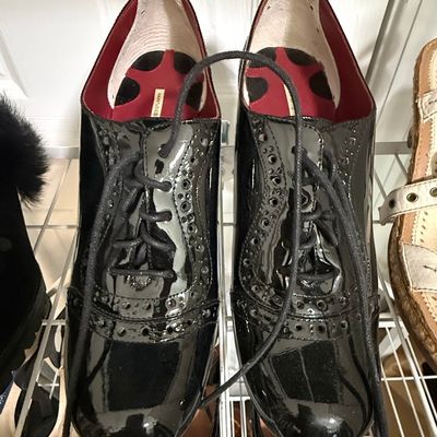 Sale Photo Thumbnail #411: MARC FISHER LTD. Patent Leather Oxfords and Coach Fur-Trimmed Mules