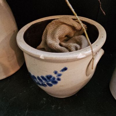 Sale Photo Thumbnail #676: Antique Stoneware Crock with Blue Floral Decoration