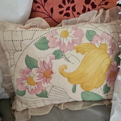 Sale Photo Thumbnail #119: Vintage Floral & Bird Appliqué Pillow with Ruffled Border