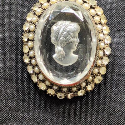 Sale Photo Thumbnail #339: Vintage Intaglio Glass Cameo Brooch with Rhinestones and Faux Pearls