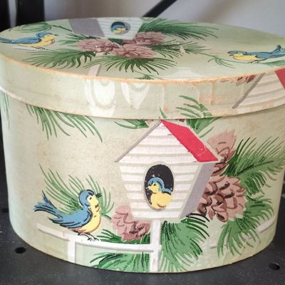 Sale Photo Thumbnail #437: Vintage Oval Hat Box with Birdhouse Motif