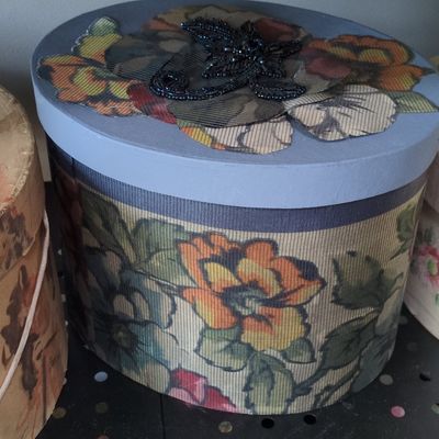 Sale Photo Thumbnail #458: Vintage Floral Oval Hat Box with Beaded Appliqué
