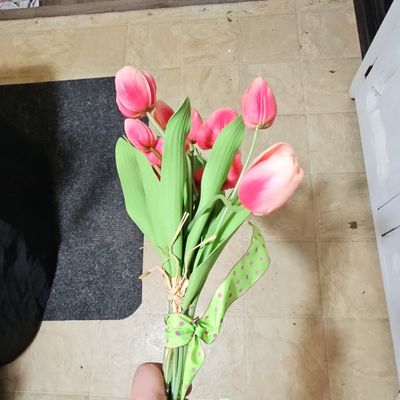 Sale Photo Thumbnail #833: Artificial Pink Tulip Bouquet with Polka Dot Ribbon