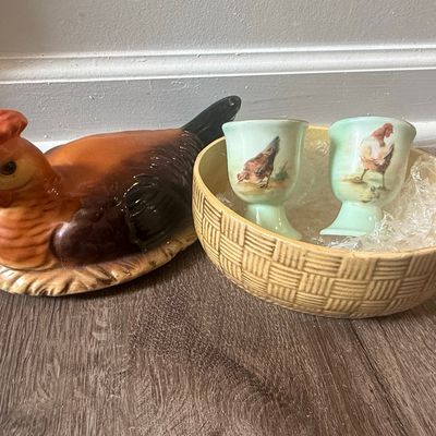 Erphila Germany Majolica Hen on Nest with Egg Cups #6503