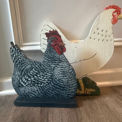 Sale Photo Thumbnail #159: Vintage Hand-Painted Wooden Plymouth Rock Chicken Figurines