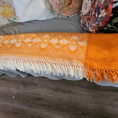Sale Photo Thumbnail #145: Vintage Orange and Cream Geometric Jacquard Throw Blanket with Fringe