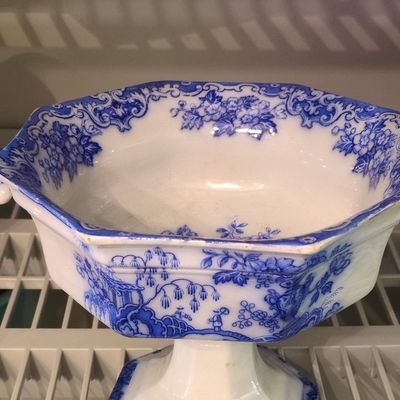 Sale Photo Thumbnail #692: Victorian Blue and White Transferware Compote - W. Adams & Co. Kyber Pattern