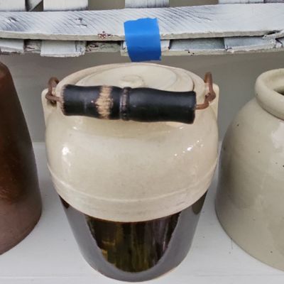 Sale Photo Thumbnail #682: Antique Weir Stoneware Crock with Bail Handle and Lid