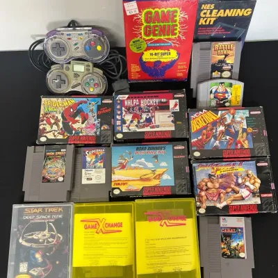 13 SNES NES Games 2 Controllers Spider-Man X-Men Street Fighter Turbo Star Trek Genie Cleaning Kit