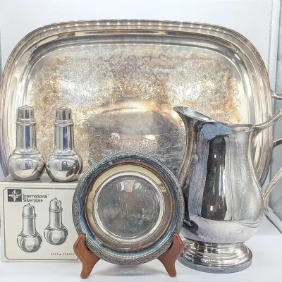 Sale Photo Thumbnail #248: Misc. Silverplate Lot | Wallace Tray | Int'l Silver Salt and Pepper | Wallace Pitcher | R & B Candy 