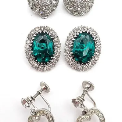 Sale Photo Thumbnail #78: Three Pairs of Rhinestone Clip On Earrings | Round Clear | Oval Green | Hearts by Weiss