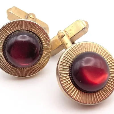 Sale Photo Thumbnail #26: Gold Tone Swank Cufflinks with Red Cabochons