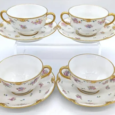 Sale Photo Thumbnail #163: Early 20th Century GDA Limoges Double Handle Soup Cups and Saucers Set of 4