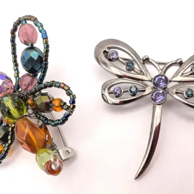 Sale Photo Thumbnail #49: Two Dragonfly Brooches | Silver Tone with Purple and Blue | Beaded