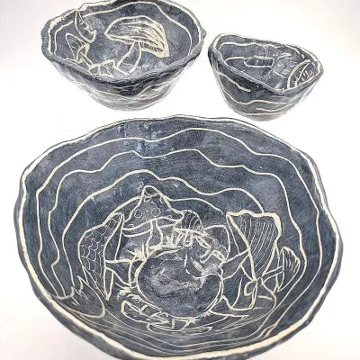 Sale Photo Thumbnail #200: Dark Blue Pottery Nesting Bowls with Mushroom Motif by Cincinnati Artist