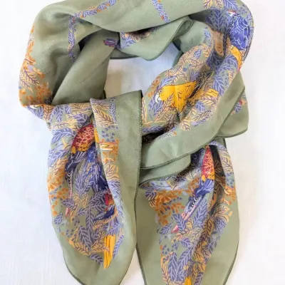 Sale Photo Thumbnail #256: Christian Dior Silky Army Green Scarf with Parrots