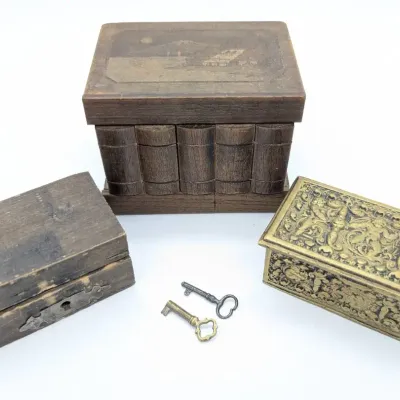 Sale Photo Thumbnail #188: Three Miniature Chests with 2 Miniature Skeleton Keys