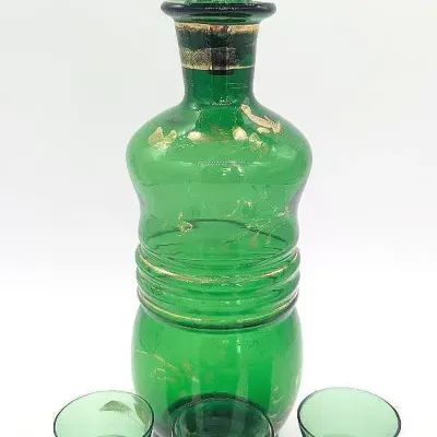 Sale Photo Thumbnail #210: Vintage EPP & Co. Green Glass Decanter with Three Cordial Glasses