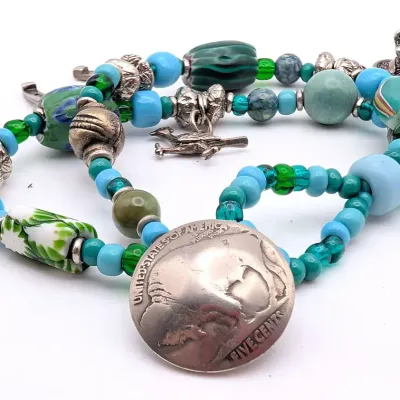Sale Photo Thumbnail #81: Buffalo Nickel Green and Blue Beaded Bracelet with Western Charms