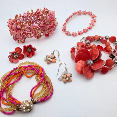 Sale Photo Thumbnail #114: Orange | Pink Beaded Jewelry Lot | 4 Bracelets | Two Pairs of Pierced Earrings  