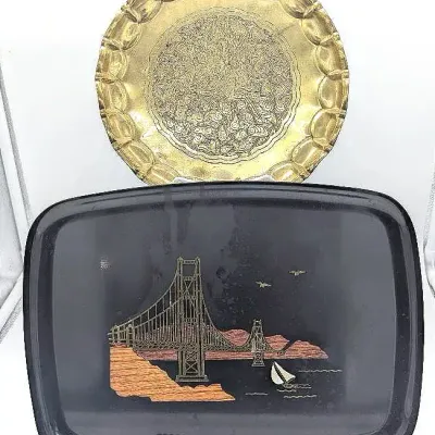 Sale Photo Thumbnail #242: Two Vintage Trays | Brass with Etched Deer | Courac Golden Gate Bridge
