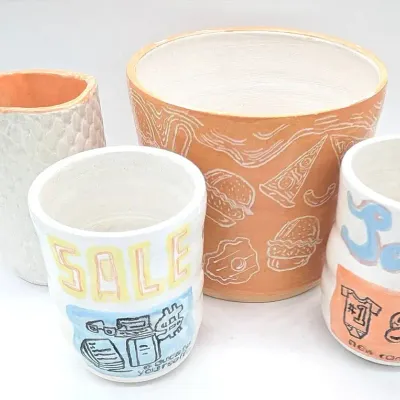 Sale Photo Thumbnail #204: Four Piece Handmade Pottery Lot | Orange Vessel with Food Motif | Coffee Mug | "Sale" Cups