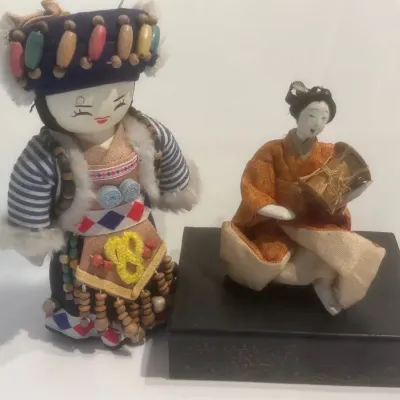 Sale Photo Thumbnail #330: Pair of Vintage Asian Dolls – Japanese Musician & Colorful Beaded Folk Doll