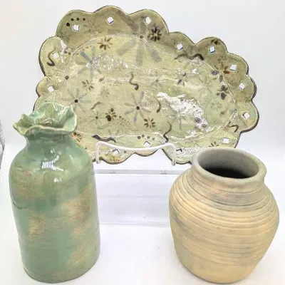 Sale Photo Thumbnail #276: Handmade Pottery Lot | Green Tray | 2 Vases
