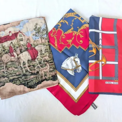Sale Photo Thumbnail #257: Three Vintage Equstrian Themed Scarves | Norma Dori Stirrups | Hunter Jumper | Friebnig Horse